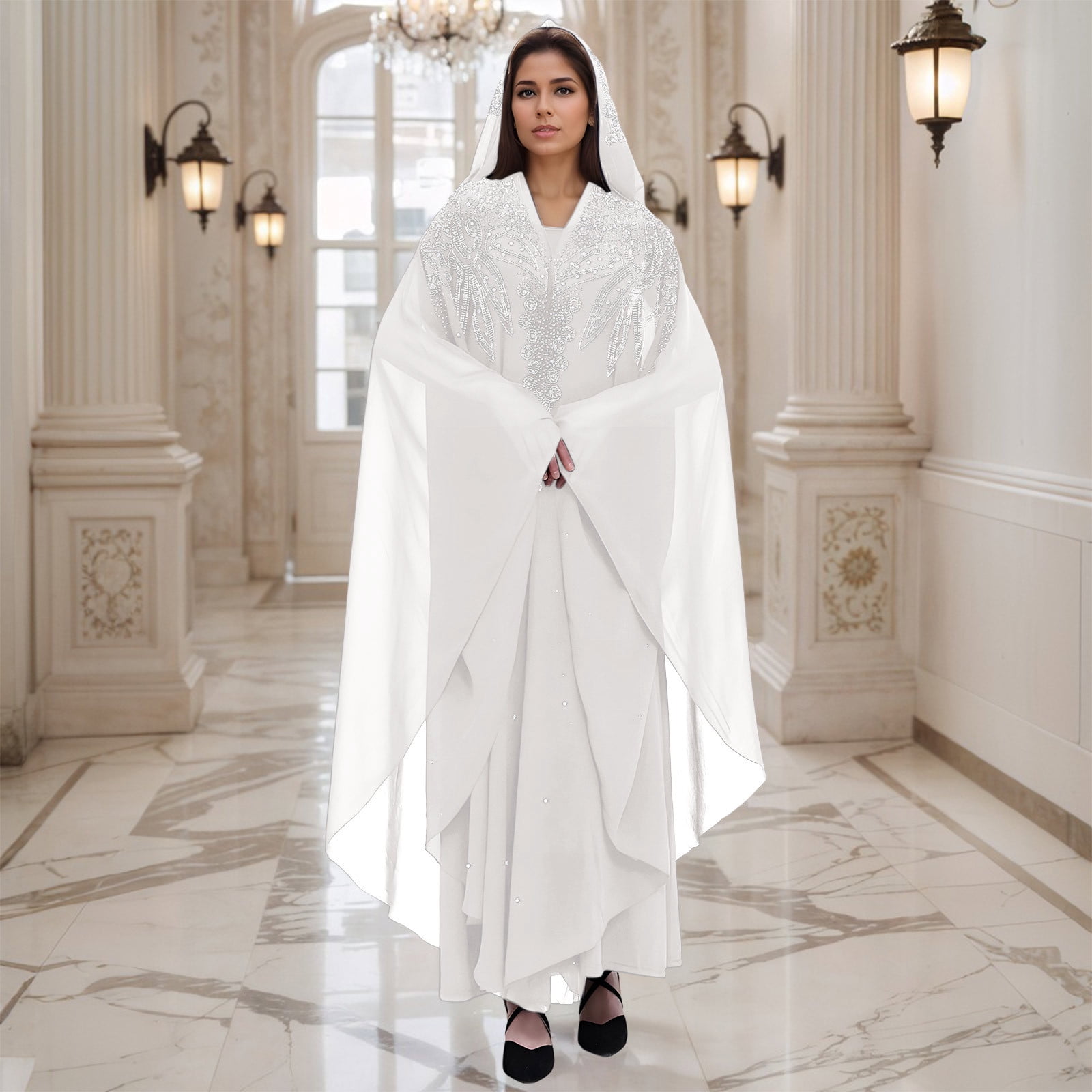 Long Sleeve Shirts for Women, Muslim Dress for Women Loose Batwing Sleeved Hooded Beaded Embroidery Long Abaya Dress Kaftan Abayas Islamic Robe
