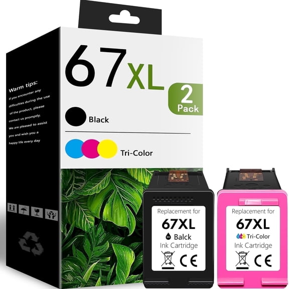 67 XL 67XL Ink Cartridges 2-Pack Black and Tri-Color Compatible for HP 67 Ink Cartridges for DeskJet 2700 2700e 2855e 2755 2755e 4155e 4255e Envy 6000 6400 6055e Printers