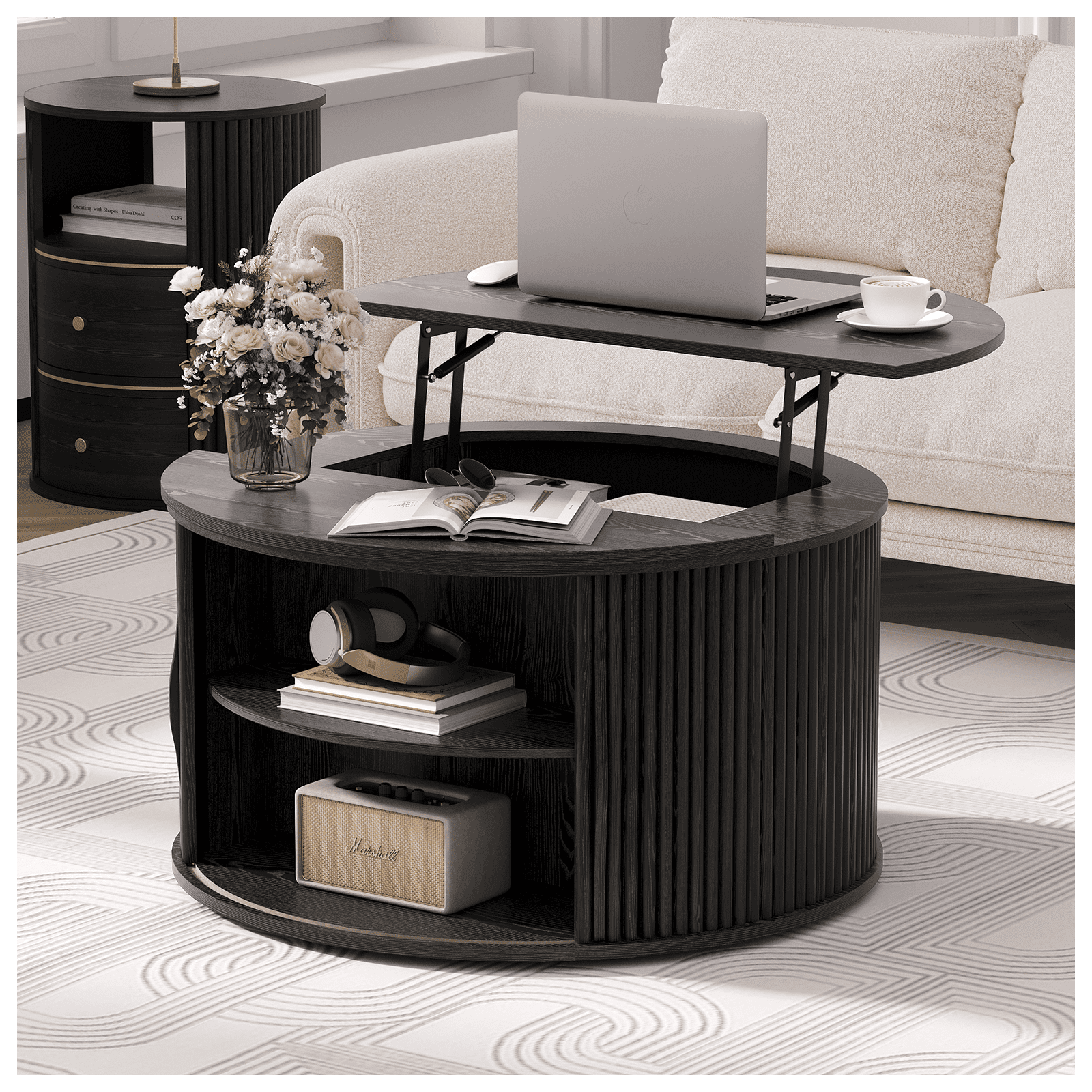 JOINICE Round Coffee Table with Lift Top,Mid Century Modern Wood Drum Center Table with Storage,for Living Room,Black