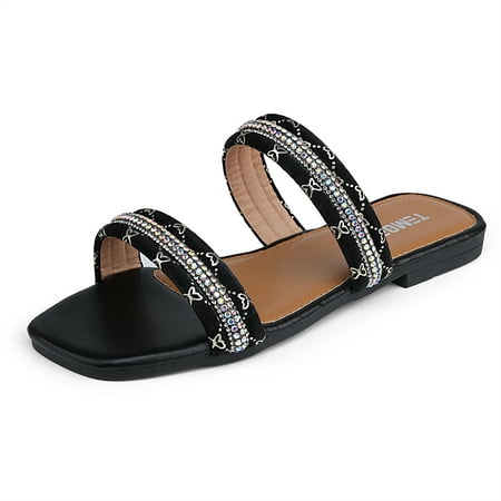 

SHIBEVER Women s Slides Sandals Flat Summer Sparkly Rhinestone Sandals Dressy Casual Slip on Slide Slippers Black