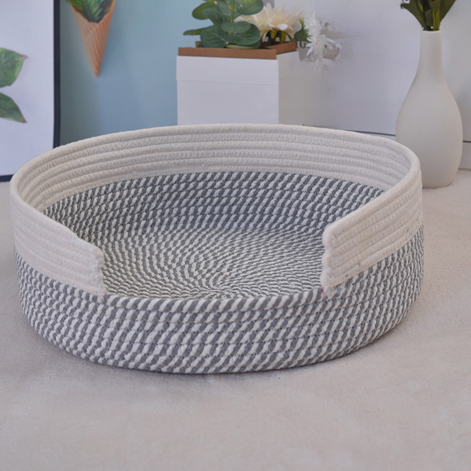 RoamHome Woven Cotton Rope Pet Nest for Cats & Dogs - Breathable Round Cat Bed with Scratch-Resistant Design, Extra Large Soft Pet House for Small/Medium Pets, Summer Cooling Bed(15x5in)