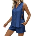 thumbnail image 2 of Women's Summer Linen Set Casual Button V-Neck Sleeveless Top And Shorts Two-Piece Set, 2 of 9