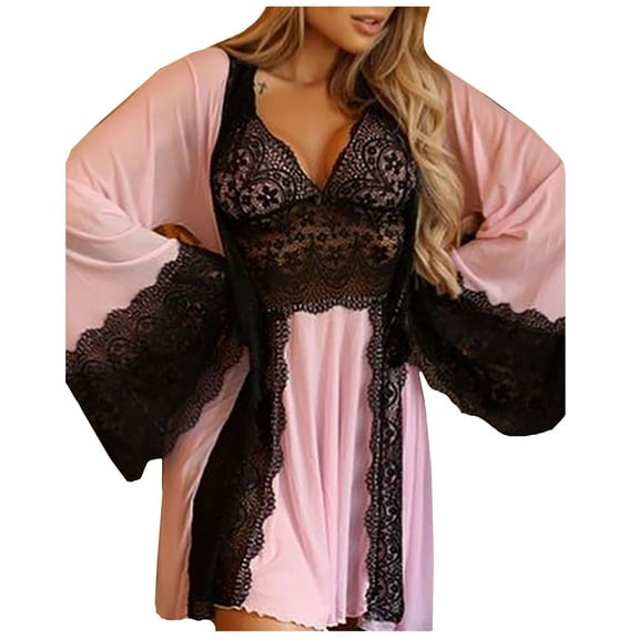 Puntoco Plus Size Nightdress Clearance,Embroidered Lace Hollow Out Cross Backless Babydoll Nightdress Pajamas Bath Robe Pink S(S)