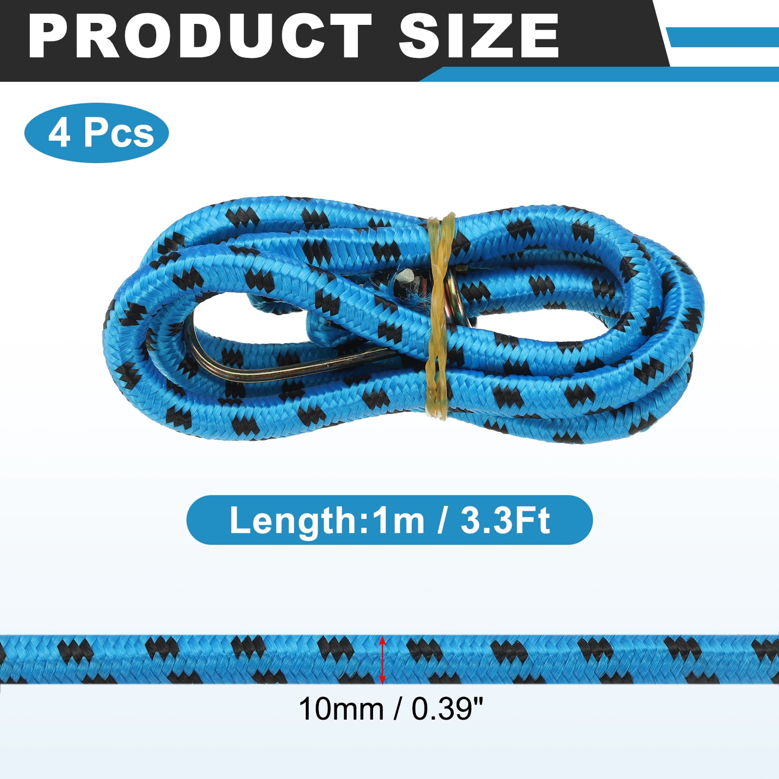 Uxcell 3/8" x 3.3ft Marine Grade Bungee Cord with Hooks, 4Pcs Rubber Heavy Duty Outdoor Elastic Straps Kayak Stretch String Rope for Securing Luggage Moving Cargo, Blue
