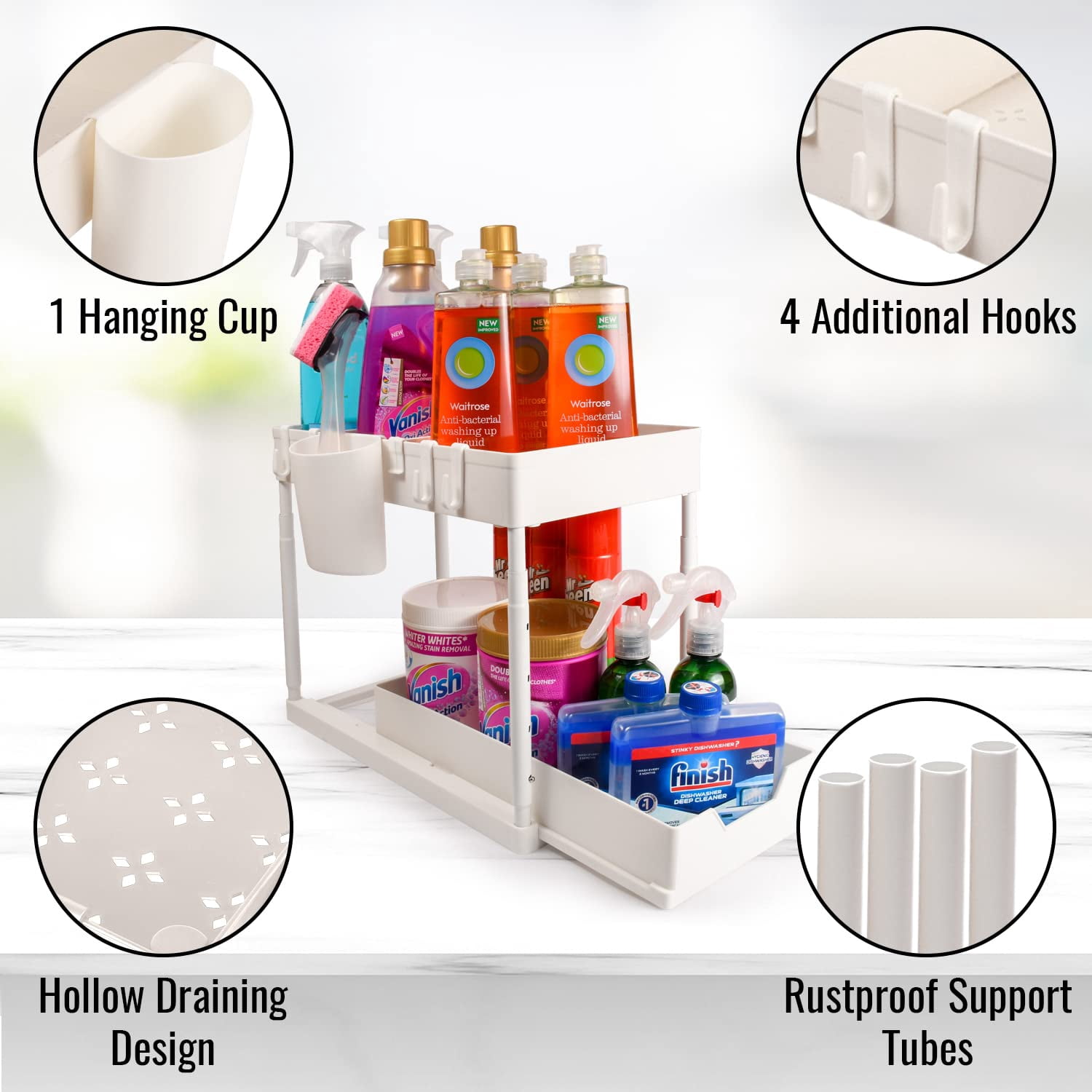 Cutting Ej Under Sink Organizer and Storage - 2 Tier Adjustable Height Kitchen, Bathroom, Pantry Storage & Organization Shelves - Pull Out Under Cabinet Organizer for Kitchen Cleaning Supplies, White