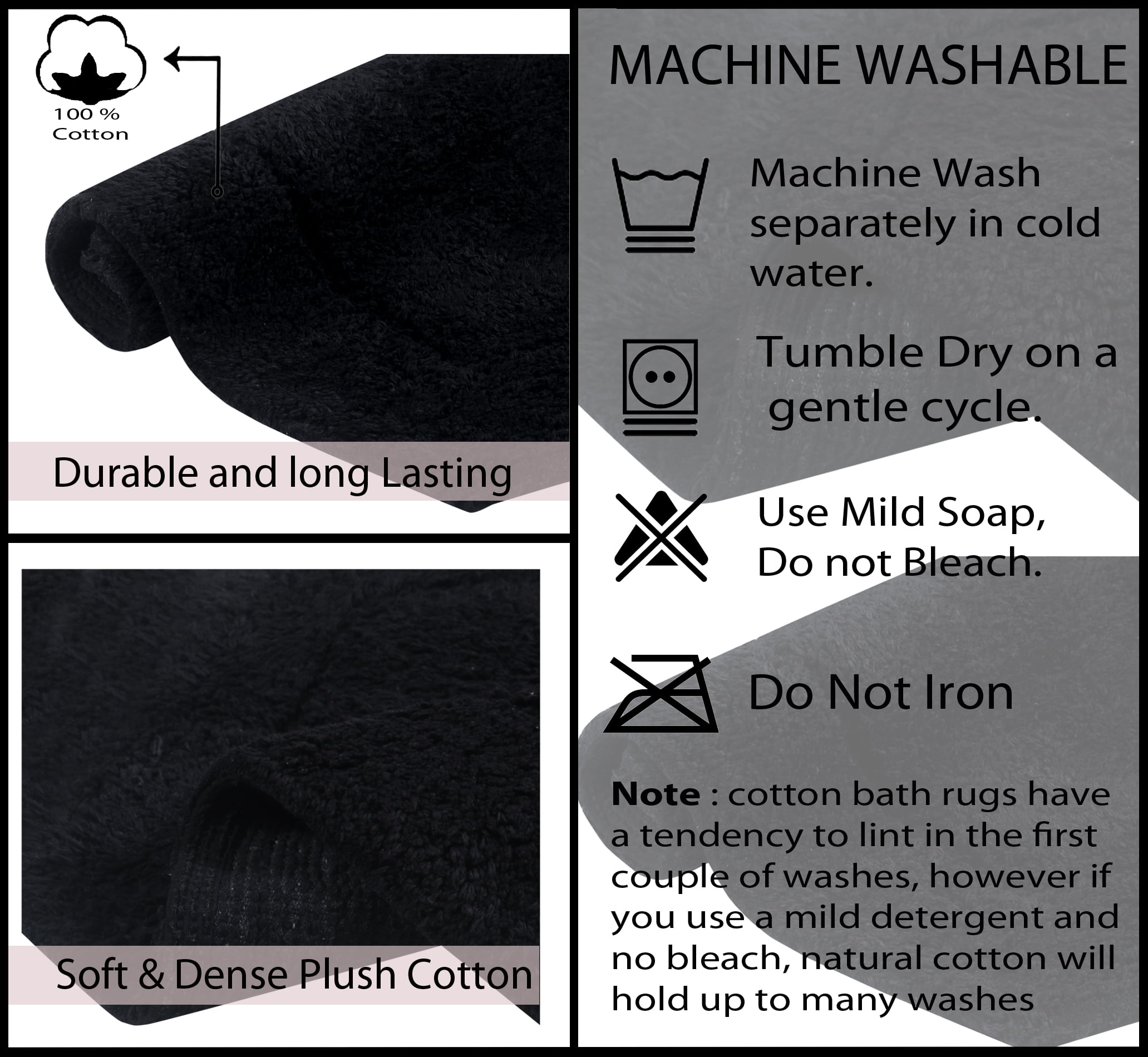 Home Weavers Waterford Collection 100% Cotton Non-Slip Bathroom Rug Set Machine Washable Bathroom Rug-17"x24", Bath Rug- 21"x34", Runner- 22"x60", Black Color 3 Piece Bath Rug set