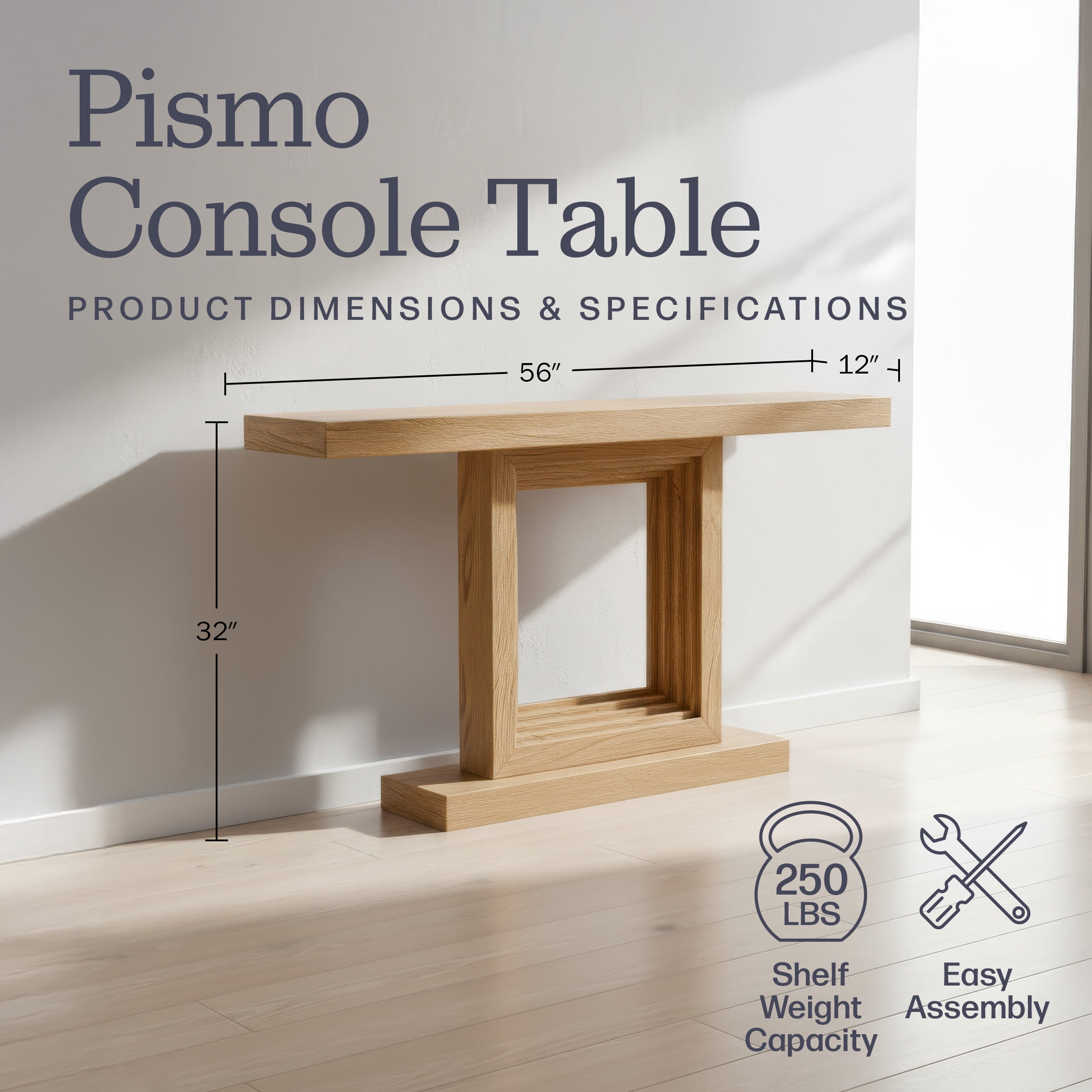 Alaterre Furniture Pismo Solid Wood Console Table - 56 Inch Modern Farmhouse Entryway Table, Light Oak