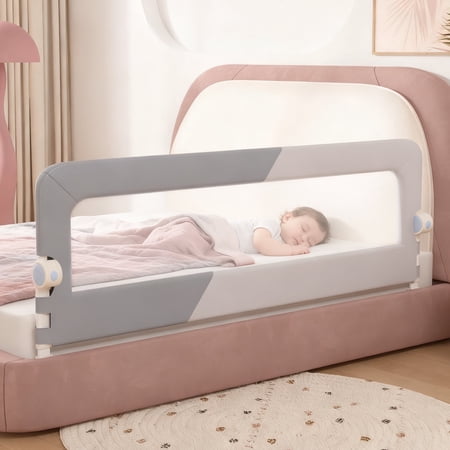 Oioane 59in Bed Side Assist Rail, Foldable Safety Bed Barrier with Adjustable Height for Full, Queen, King Beds – Gray