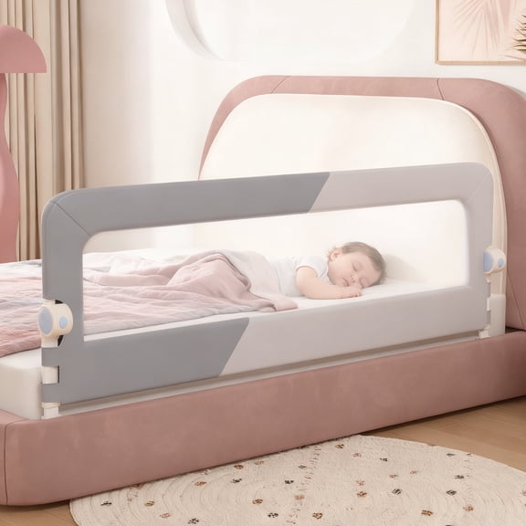 Oioane 59in Bed Side Assist Rail, Foldable Safety Bed Barrier with Adjustable Height for Full, Queen, King Beds – Gray