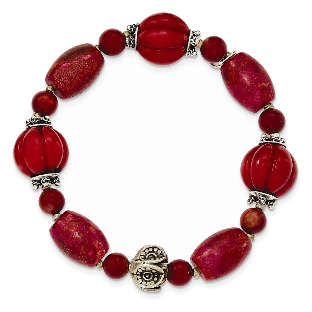 Sterling Silver Antiqued Beads & Red Coral Stretch Bracelet by