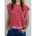 thumbnail image 4 of Women's Light-Weight Cap Sleeve Cardigan Summer Casual Striped Knit Open Front Button Down Sweater Red S, 4 of 8