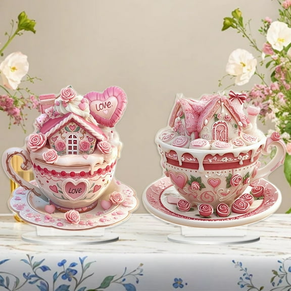 syligr 2 PCS Pink Heart Cupcake Acrylic Desktop Ornament - Valentine's Day Decoration Waterproof Wear-Resistant Table Decor for Party Home Sweet Treat Theme Gift Romantic Present