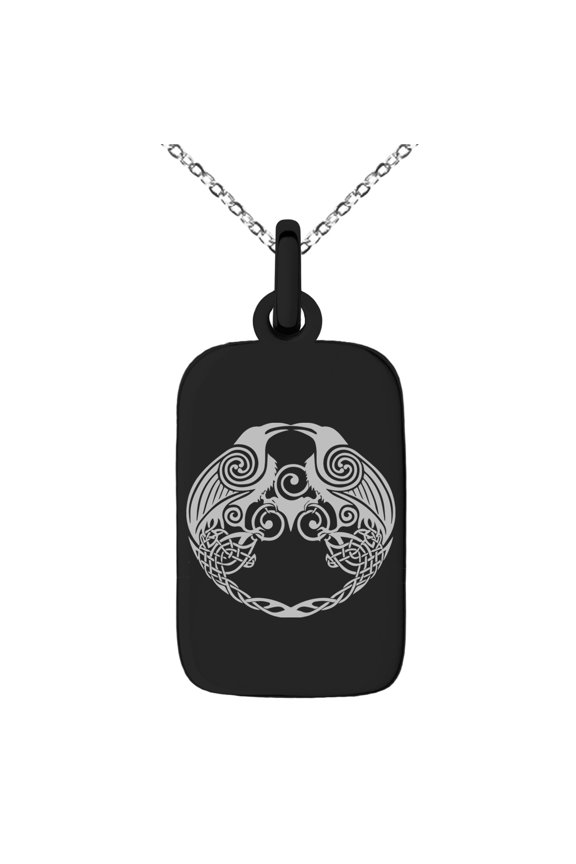 Stainless Steel Yggdrasil Huginn & Muninn Odin's Ravens Engraved Small Rectangle Dog Tag Charm Pendant Necklace