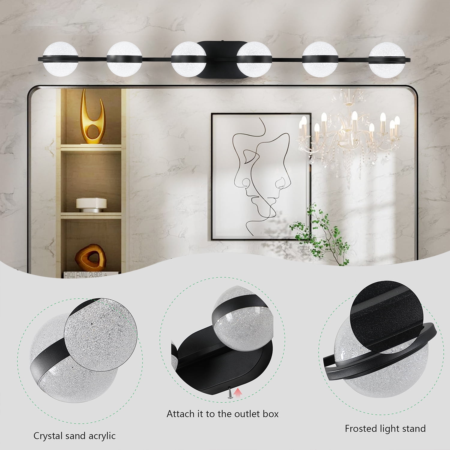 6-Light Black Globe Vanity Light Fixture Modern Round Ball Design for Stylish Bathrooms