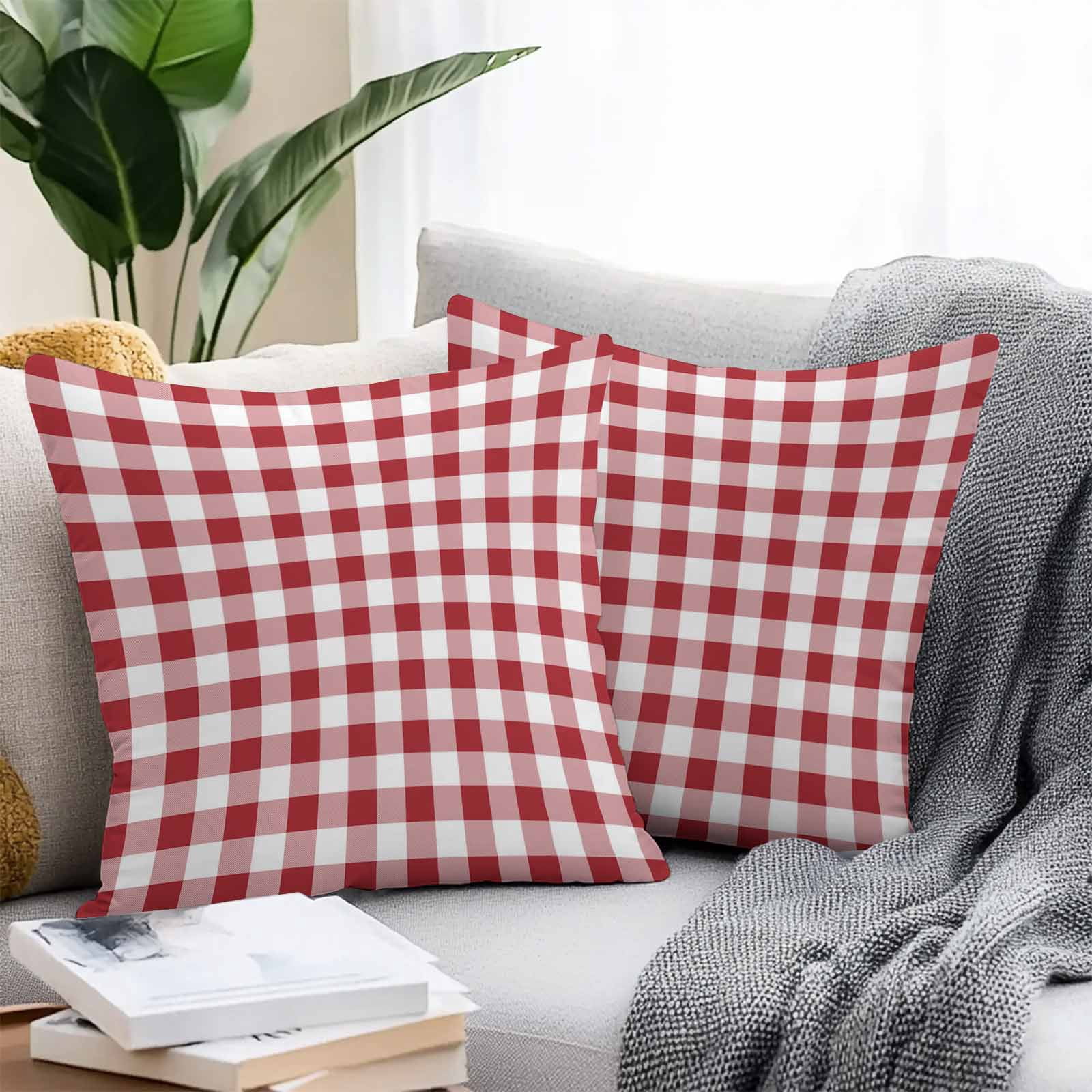Outdoor Waterproof Throw Pillow Covers Set of 2 Red White Plaid Decorative Pillowcases Square Outdoor Pillows Cushion Case 18x18 Inch Buffalo Check Geometric Patio Pillows for Couch Sofa Bed Garden