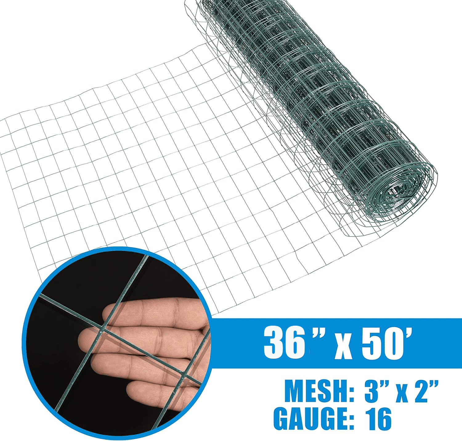 Green PVC Coated Welded Wire Fence 36 Inch x 50 Foot, 2 Inch x 3 Inch 16GA, Garden Border Fencing Roll Vinyl Coating Metal Wire Mesh for Yard Vegetable Plant Protection Poultry Netting