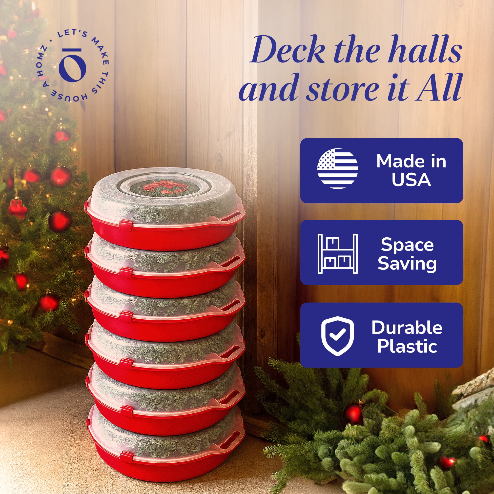 Homz 24'' Holiday Christmas Plastic Wreath Storage Box, Red (6 Pack)