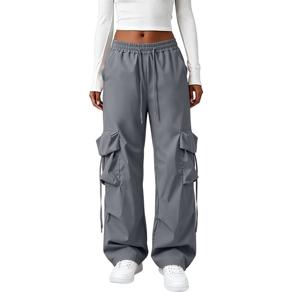 Parachute Pants Women Baggy Straight Leg Drawstring Lightweight Cargo Pants Tall Moisture Wicking Y2k Utility Streetwear, M