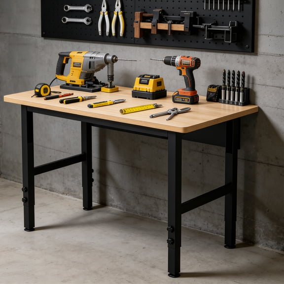 spanspace 48" Heavy-Duty Adjustable Workbench, Multi-Purpose Hardwood Top Worktable with Metal Frame & Foot Pads,2000 lbs Load Capacity