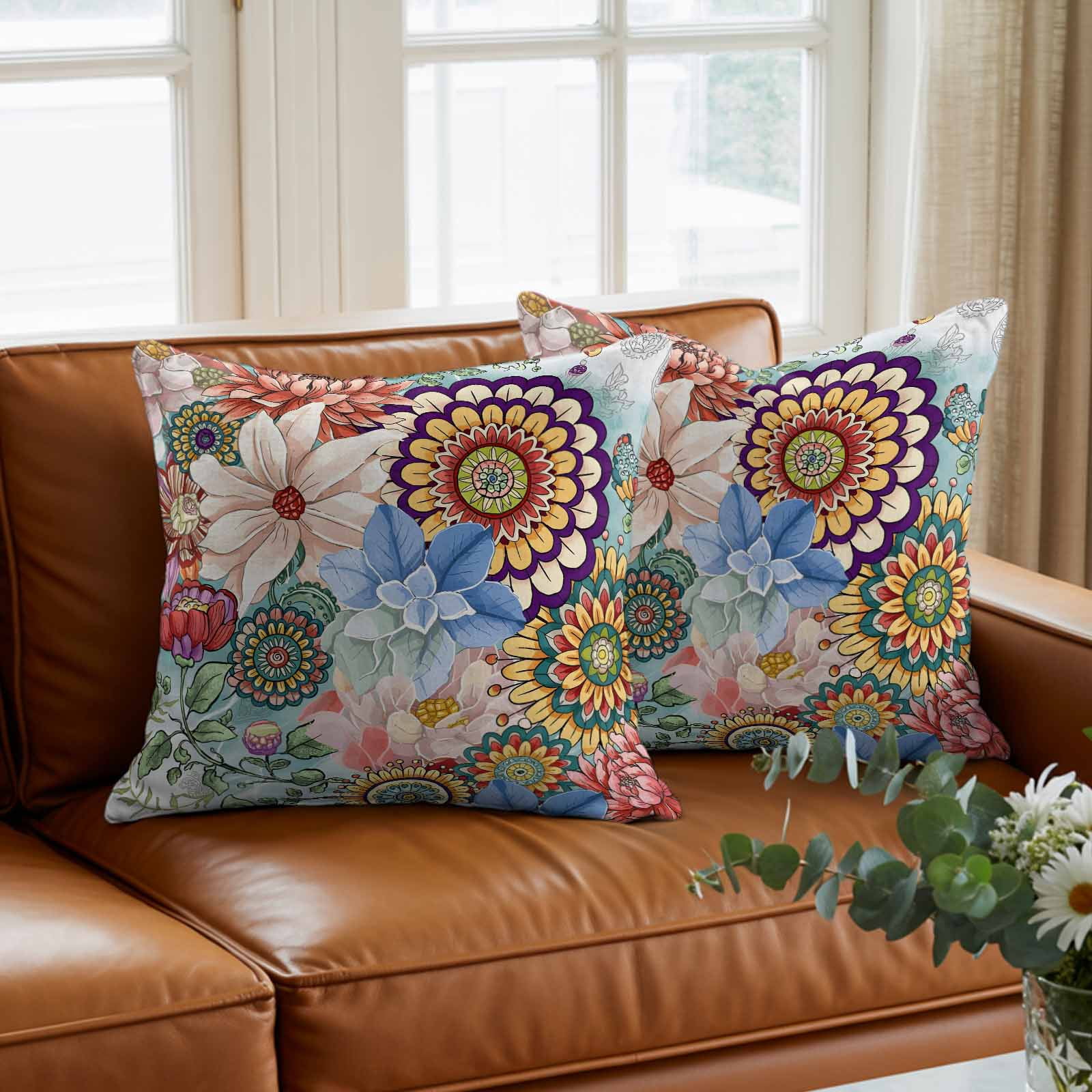 Boho Floral Pillow Covers 20x20 Inch, Spring Vintage Abstract Art Flowers Linen Pillowcase with Invisible Zipper, Decorative Throw Pillow Covers Cushion Case for Couch Sofa Bed Living Room