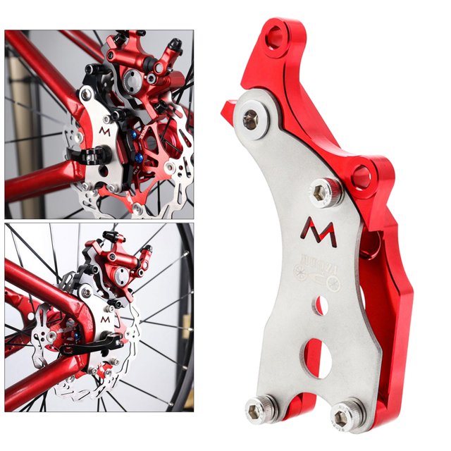 soporte adaptador de freno de disco de bicicleta frenos de disco de bicicleta soporte de montaje modificación de conversión accesorios de montaje rojo, vista 3/4 frontal de adaptador rojo y plateado en aleación de aluminio con tres tornillos hexagonales y orificios de montaje, cuerpo anodizado rojo y placa central plateada; recuadros muestran el adaptador instalado en el cuadro trasero junto a rotor y pinza; a menudo se usa también para pruebas de ajuste en talleres.