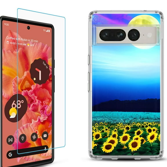 Shockproof Bumper Phone Case for Google Pixel 7, with Tempered Glass Screen Protector, by OneToughShield ® - Sunflower Moon