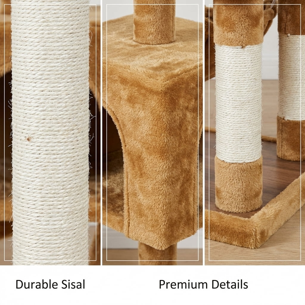 Multi-Level Cat Tree Tower, 74-Inch Tall Activity Center with Condos, Scratching Posts, Plush Cover, Brown
