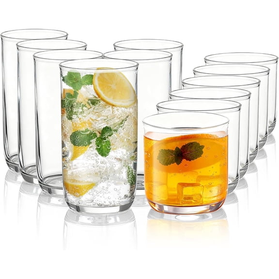 Drinking Glasses Set of 12, PET Clear Plastic Highball Glasses 14oz & Whisky Cocktail Glasses Set 11.5oz, Heavy Duty Unbreakable Water Glasses Cup Tumbler Glassware for Beer, Juice, Milk