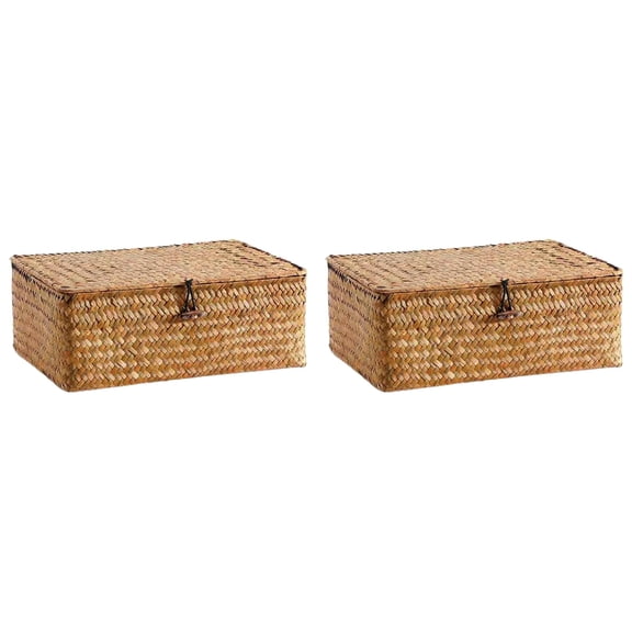 HJQEQVD 2PCS Hand Woven Rattan Wicker Storage Basket with Lid, Natural Seagrass Storage Baskets for Organizing, Rectangular Woven Basket for Storage, Decorative Boxes with Lids Home Organizer Decor