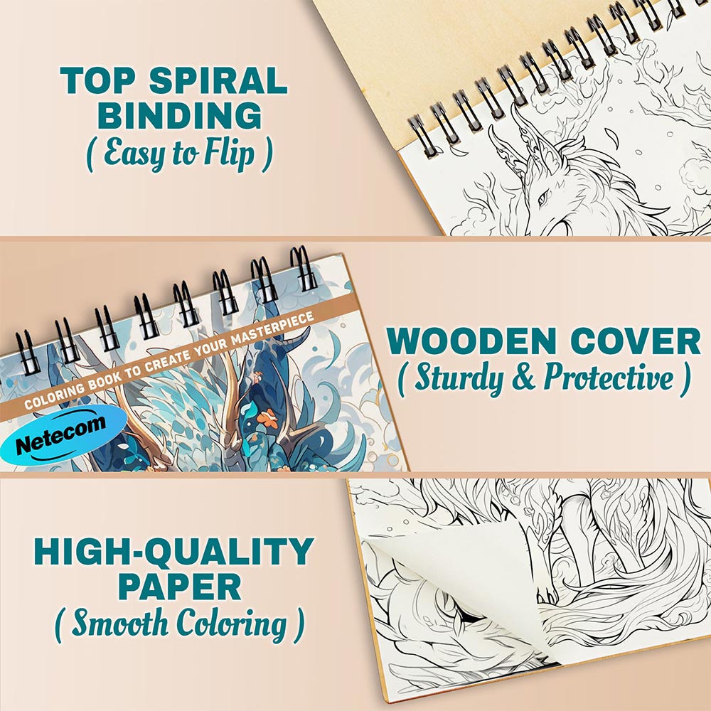 Mythical Creatures Coloring Book Spiral Bound For Adults, A5 Wooden Cover, 30 Beautiful Coloring Pages of Enchanted Worlds for Stress Relief and Relaxation