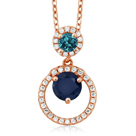 Gem Stone King 18K Rose Gold Plated Silver Blue Sapphire and London Blue Topaz Pendant Necklace for Women | 2.03 Cttw | Gemstone September Birthstone | Round 6MM and 4MM