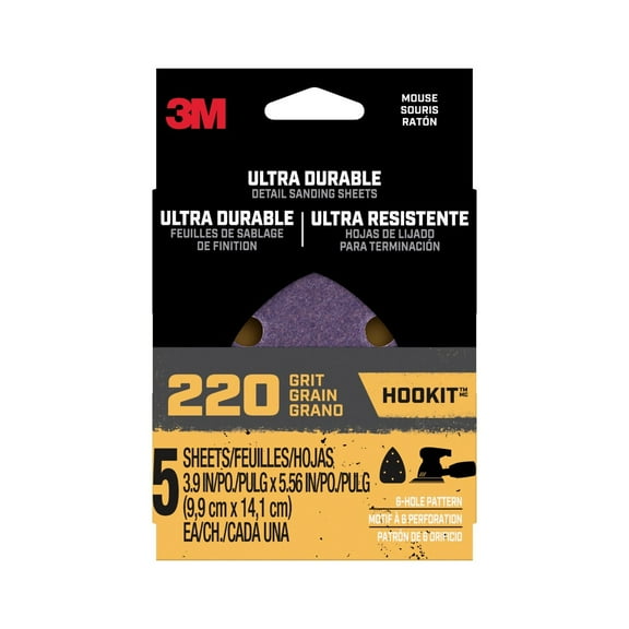 3M Ultra Durable Power Sandpaper, 220 Grit, 6 Hole, 3.9 in. x 5.56 in., 5/pack