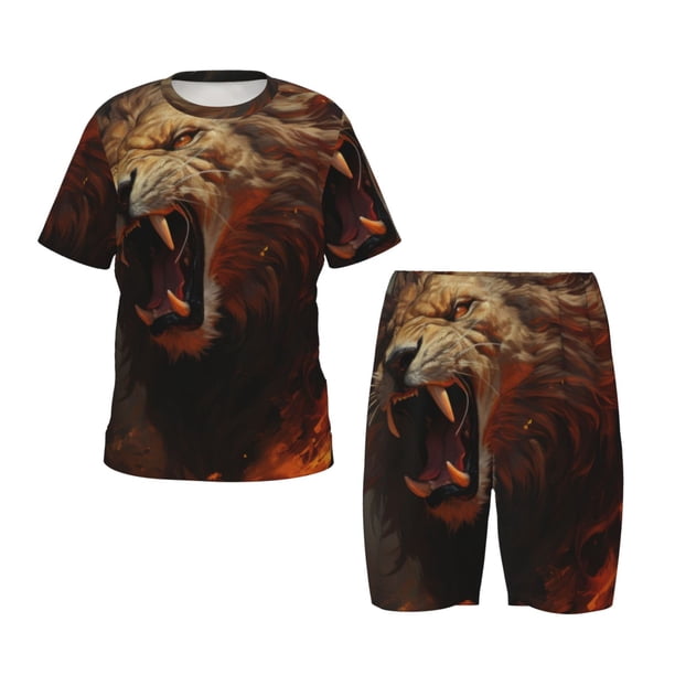Fotbe Cool Flame Lion A Pijama Estampada de 2 Piezas para Niños – Ropa de Dormir de Manga Corta Cómoda para Niños y Niñas, Camiseta y Shorts de Algodón-3X-Large