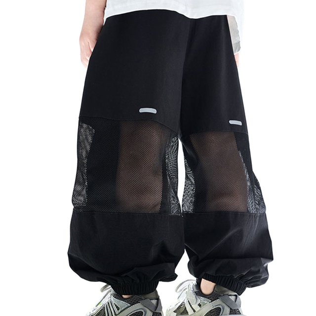 WERYOUNG Girls Boys Cargo Pants Spring Summer Comfortable Solid Color Stretch Elastic Waist Wide Leg Mesh Jogger Pants With Pockets Child Trendy Athletic Pants,Black,7-8 Years