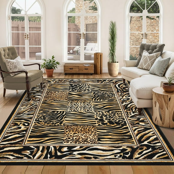 Washable Leopard Patchwork Rug – 8x10ft Soft Low Pile – Non-Slip Vintage Boho Mat – Living, Bedroom & Dining – Brown Tone – USA Spec