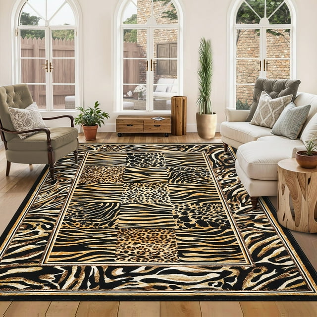 Washable Leopard Patchwork Rug – 8x10ft Soft Low Pile – Non-Slip Vintage Boho Mat – Living, Bedroom & Dining – Brown Tone – USA Spec