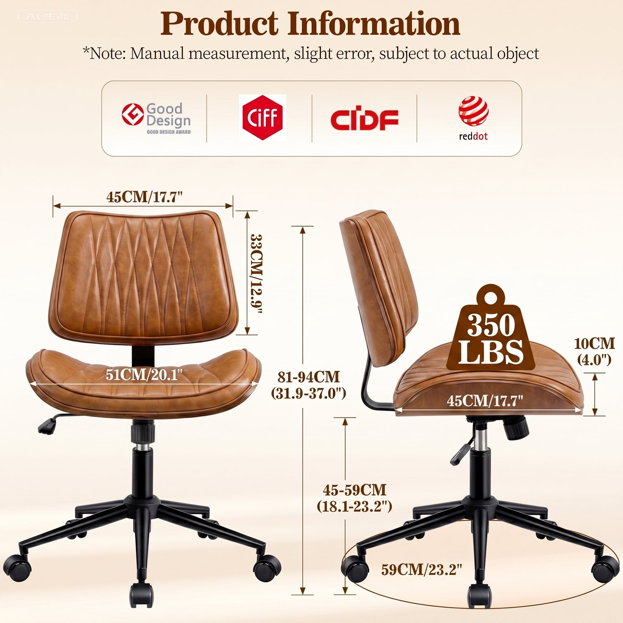 COOLHUT Home Office Chair, Armless Adjustable Height Small Office Desk Chair, PU Leather Swivel Computer Chair, Modern Walnut Bentwood Chair for Office, Reading Meeting Room, Makeup Vanity, Brown