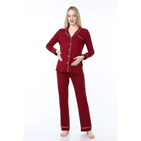

LVMA9550 - Women s Maternity Nursing Pajamas Hospital Set Soft Long-Sleeved Button Tops PJ Pants Sleepwear Set