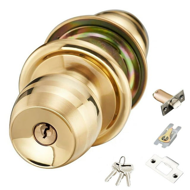 HLONK Bouton de Porte d'Entrée à Clé, Serrure Ronde Réversible, Finition Laiton Poli, Serrure de Porte, Installations Simples pour l'Intérieur et l'Extérieur