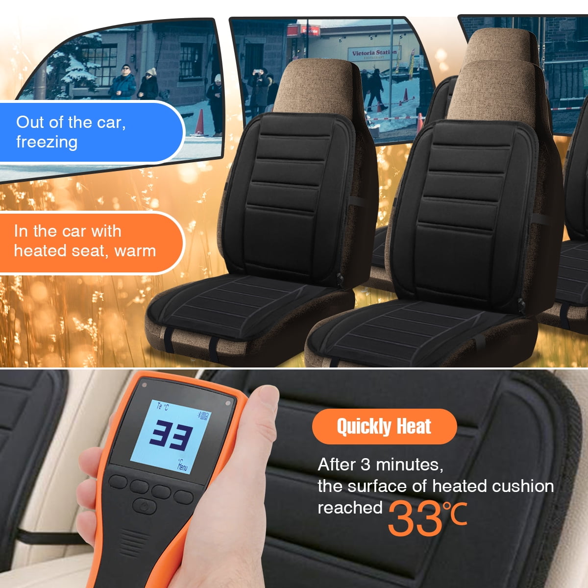 ANJUNY 12 / 24V Car Electric Heated Seat Cushion Warm Plush Seat Heating Pad  with Backrest - Grey / Driver Side