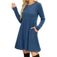 thumbnail image 3 of Long Sleeve Dress for Women Crew Neck Waist Tunic Dress with Pockets Blue XXL, 3 of 6