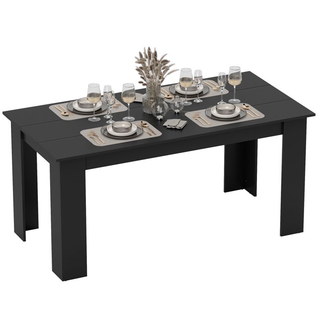 HOMCOM 63" Modern Dining Table for 4-6 People with Wood Effect, Black. This rectangular dining table features a sleek melamine-faced wood grain surface in black, supported by a solid frame with triangular legs for durability. The table is set with six place settings, including plates, glasses, and cutlery, along with a decorative centerpiece. Designed to seat up to six people, it is ideal for small kitchens or dining spaces, offering a compact yet stylish solution for meals and gatherings.