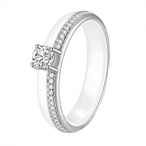 HIJONES Women's Stainless Steel Solitaire Raised Cubic Zircon Inlaid Half Eternity Ceramic Ring 4MM Treny Couple Wedding Finger Jewelry Silver White Size 7