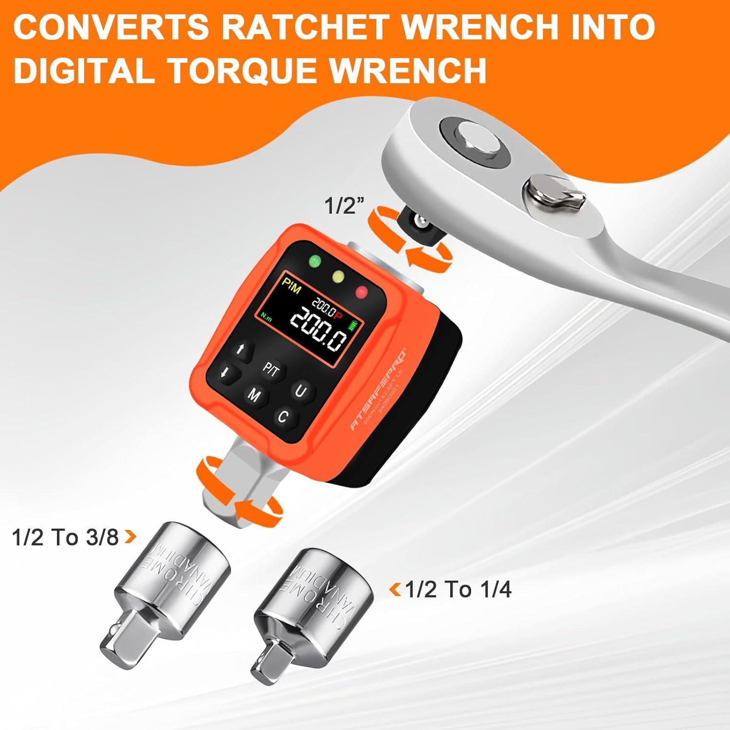1/2" Digital Torque Adapter, 7.4-147.5 Ft-lb/10-200 Nm,1/2” Drive Digital Torque Wrench Converter,3/8'' & 1/4'' Adapter