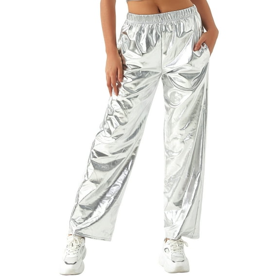 Sunisery Womens Metallic Shiny Pants Elastic Waist Solid Color Loose Hip Hop Straight Leg Trousers with Pockets Streetwear