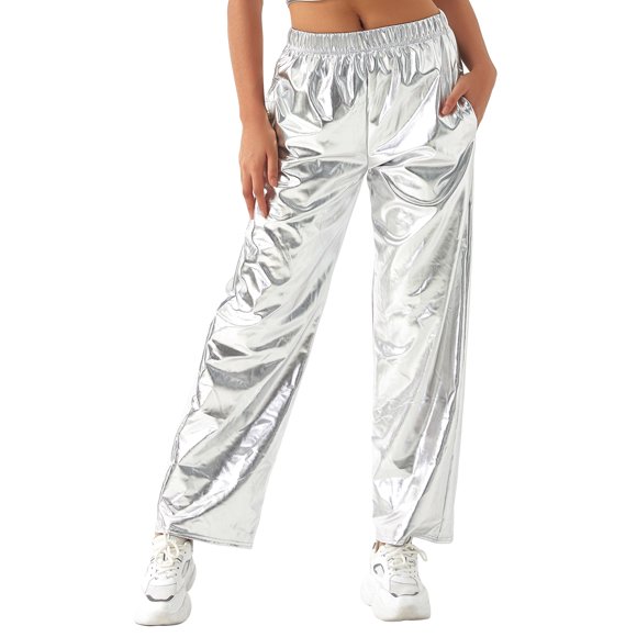 Gupgi Women Metallic Pants Streetwear Elastic Waist Solid Color Loose Trousers with Pockets