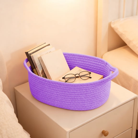 Woven Fabric Rope Storage Basket with Soft Handle for Organizing Toys, Toiletries, and Home Decor Purple