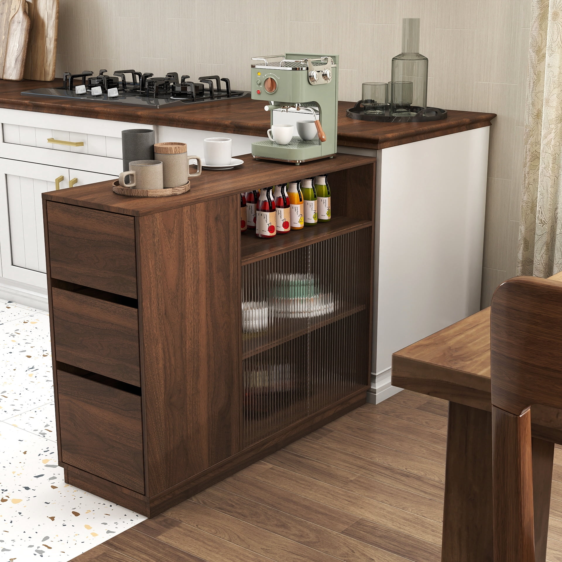 Mintazer Kitchen Sideboard Buffet Cabinet with Drawers & Fluted Glass Doors, Modern Storage Cabinet for Dining Room Kitchen, Walnut Brown