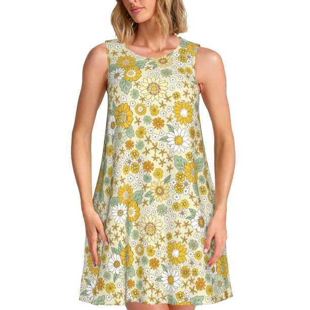 Fotbe Cute Sunflower Vestido de Verano sin Mangas para Mujer – Vestido Midi Línea A, Estilo Camiseta Floral, Vestido Playero Casual y Fluido
