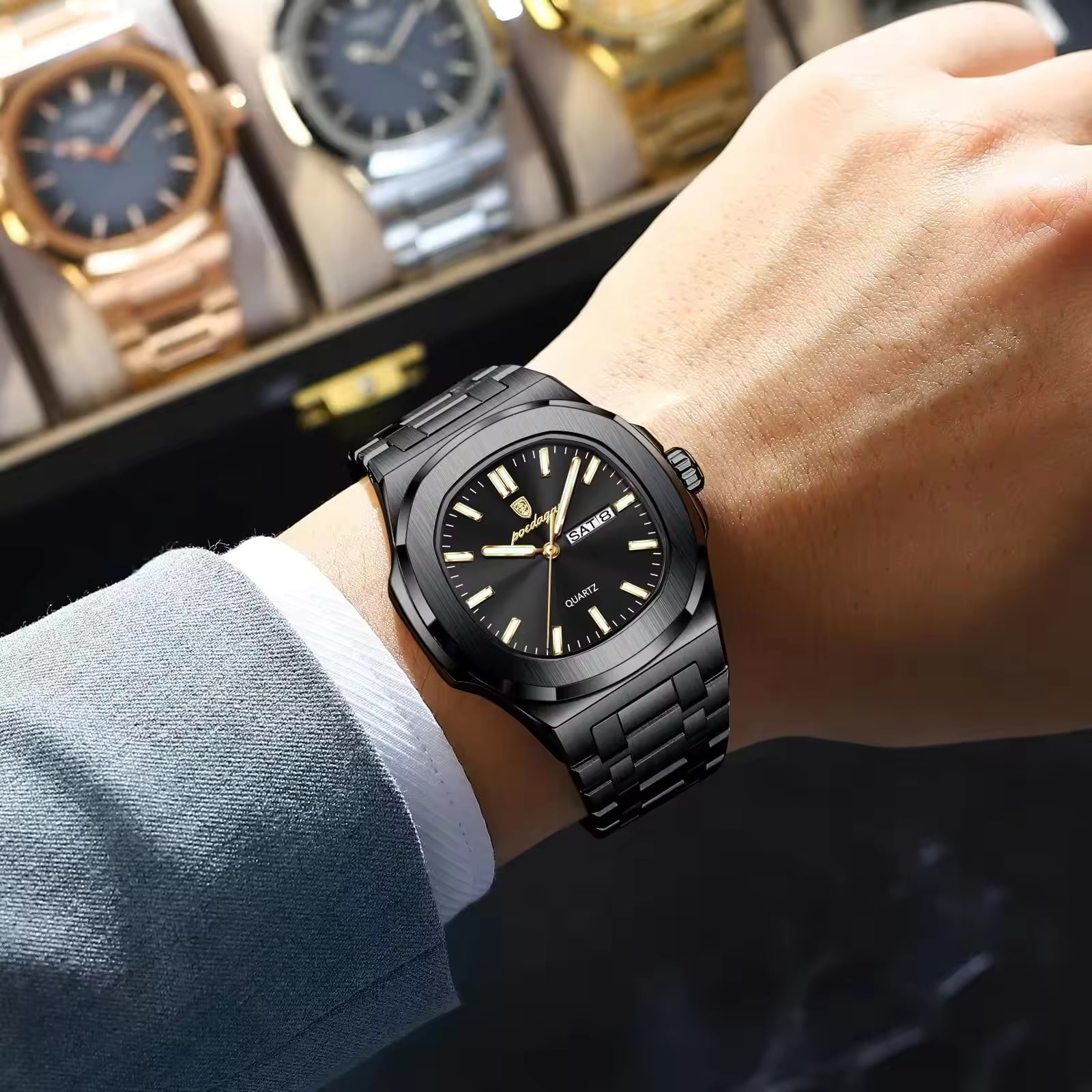 POEDAGAR Luxury Man Watch Square Waterproof Luminous Date Week Stainless Steel Quartz Men's Watches